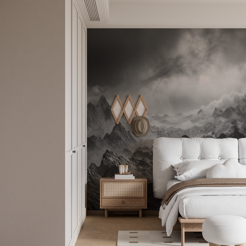 Papier peint chaine montagne noir et blanc mural