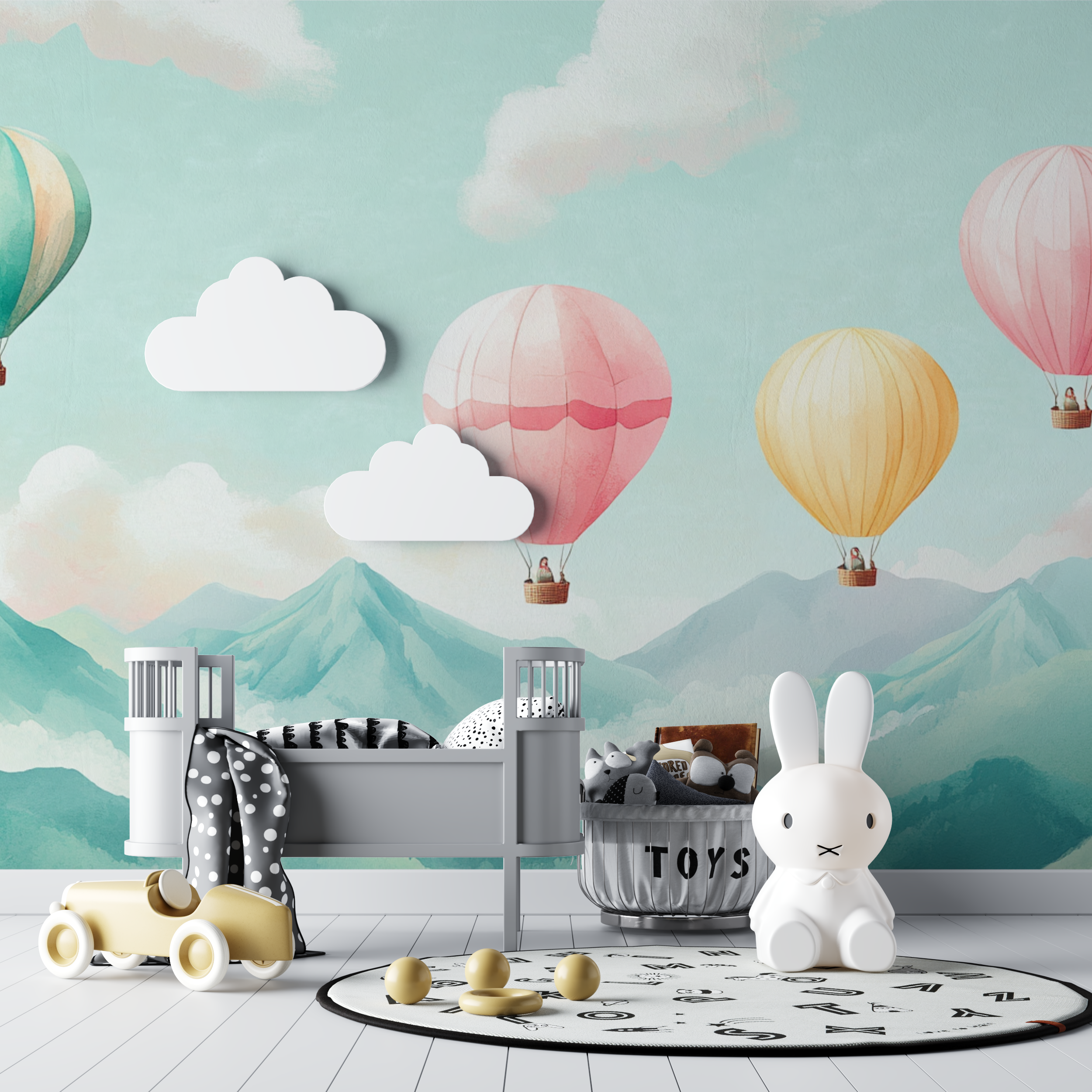 Papier peint montgolfiere et paysages montagneux bebe tipi