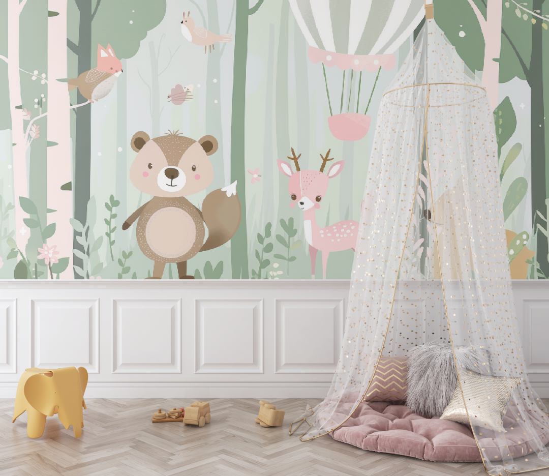 Papier peint bébé Amis de la forêt vert - bebe unisexe