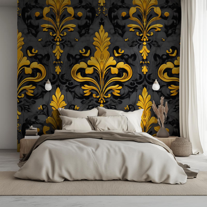 Papier peint fleur de lys noir et jaune lit 1234