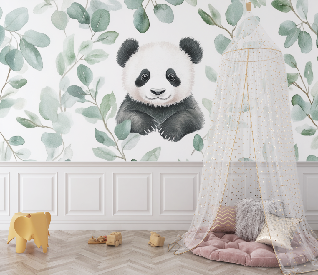 Papier peint panda et feuilles deucalyptus bebe