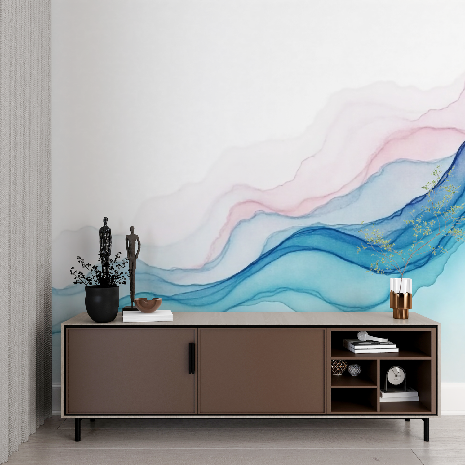 Papier peint aquarelle lignes bleur rose imprime