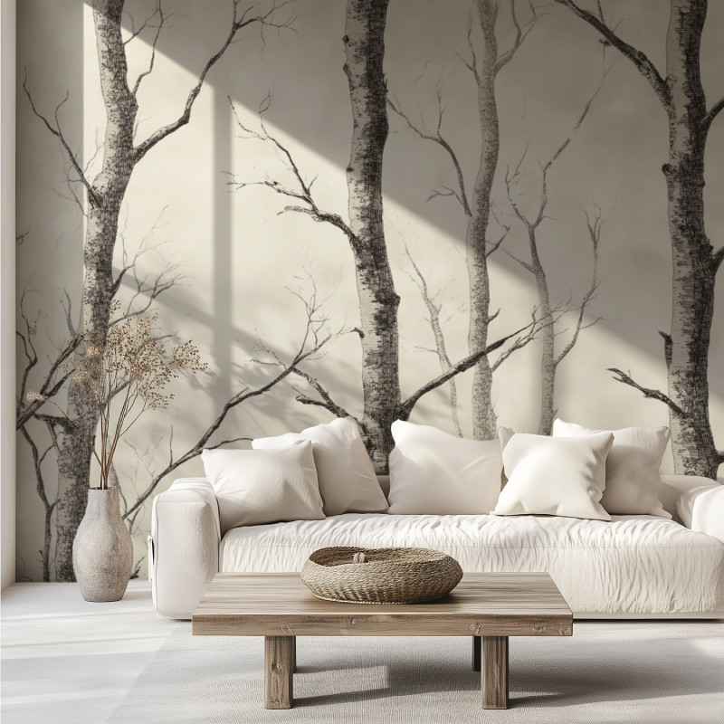 Papier peint arbre bouleau noir et blanc canape tendance
