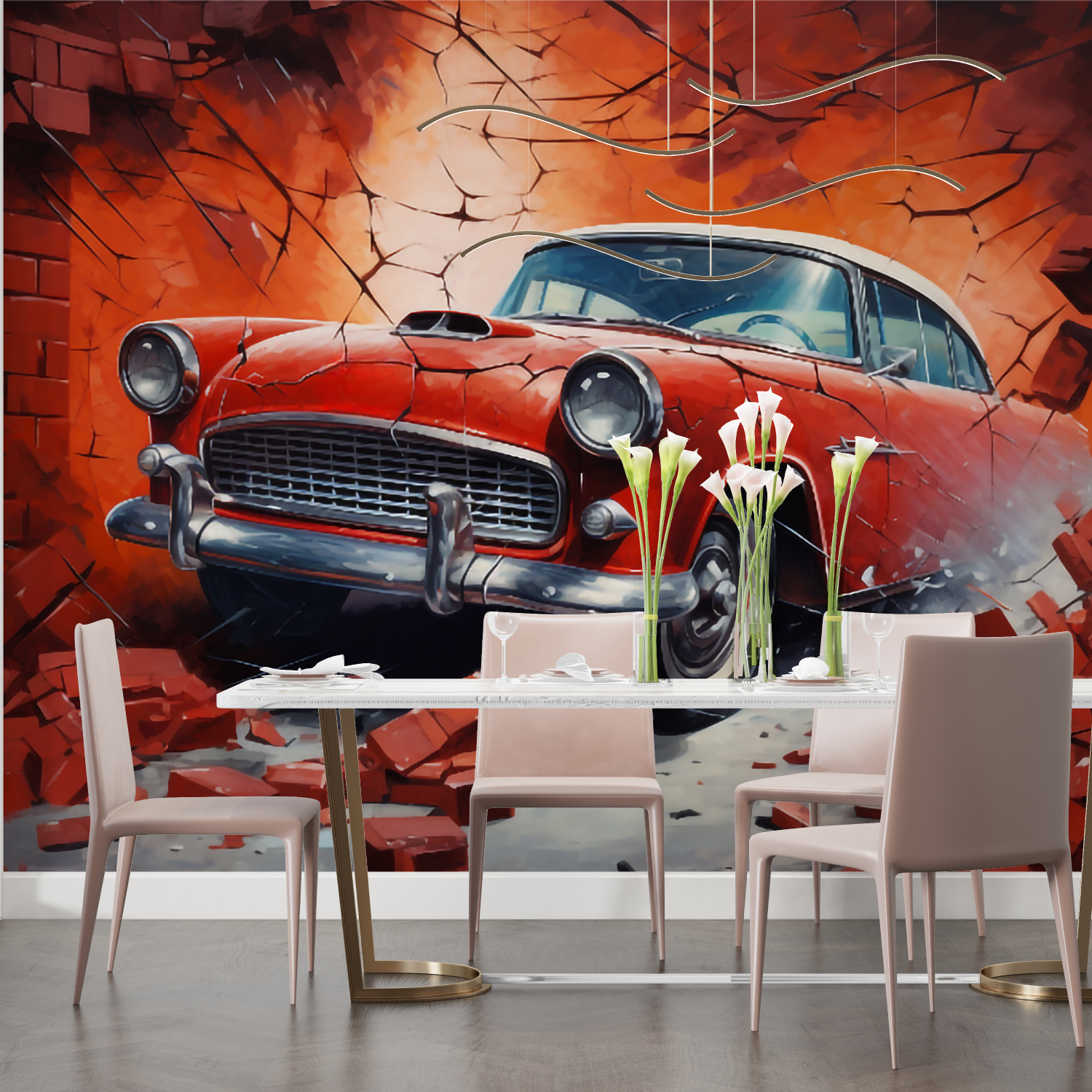 Papier peint trompe loeil voiture brique salon