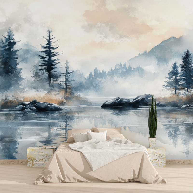 Papier peint aquarelle paysage hivernal tapisserie 2025