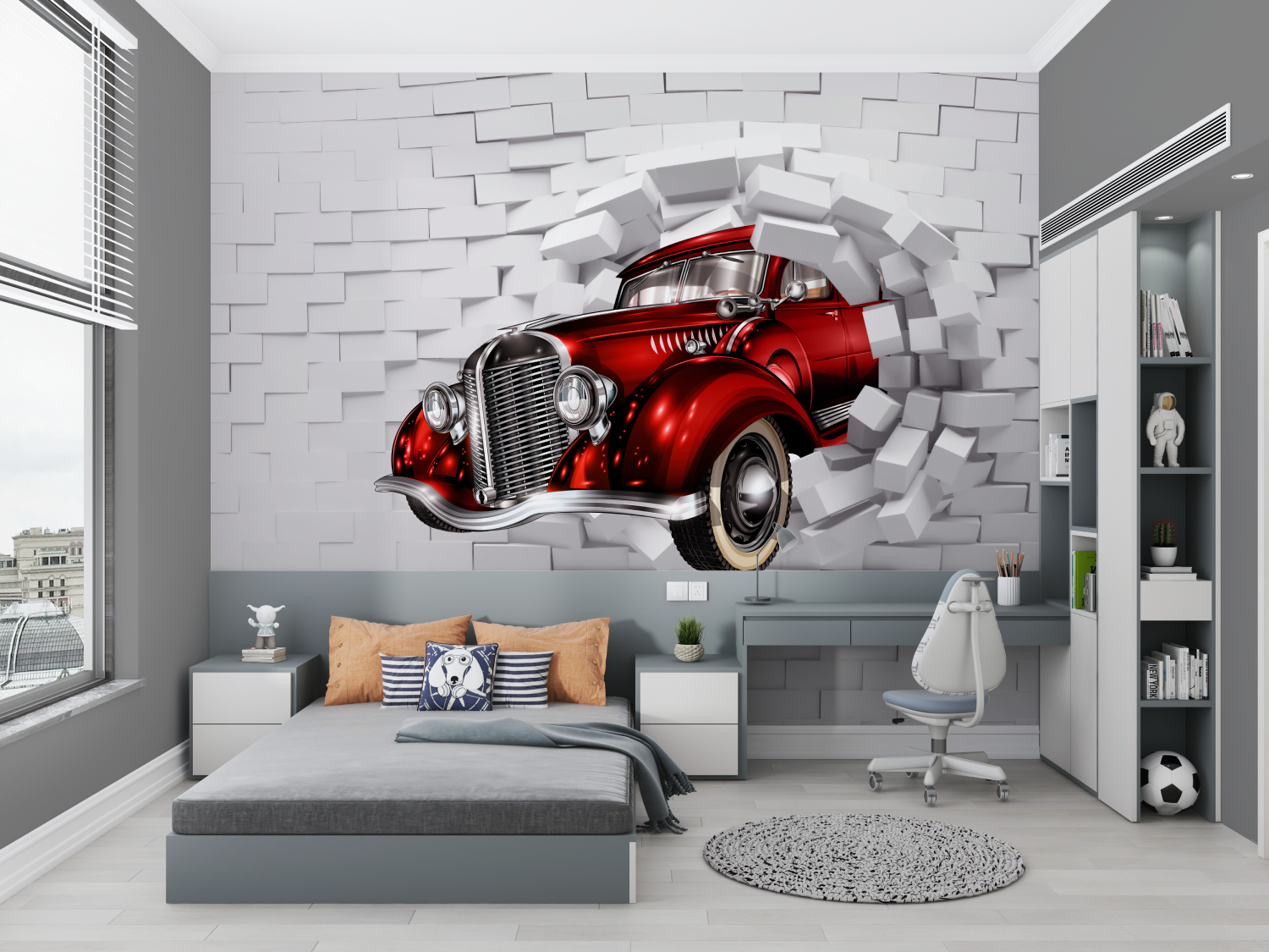 Papier peint garcon voiture trompe loeil chambre petit