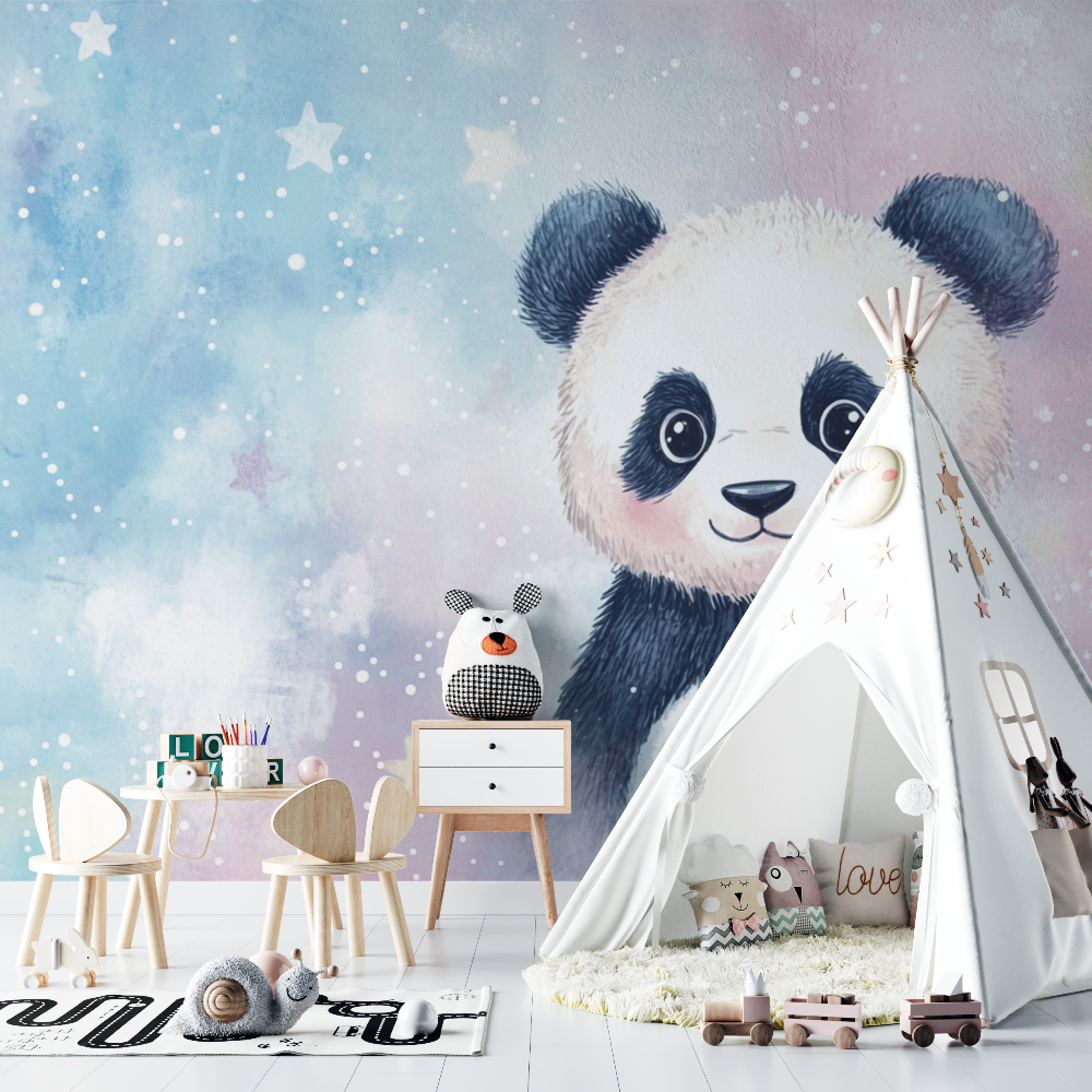 Papier peint panda et etoiles filantes chambre bebe