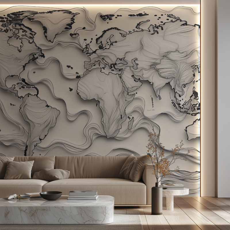 Papier peint carte du monde noir et blanc design canape neon