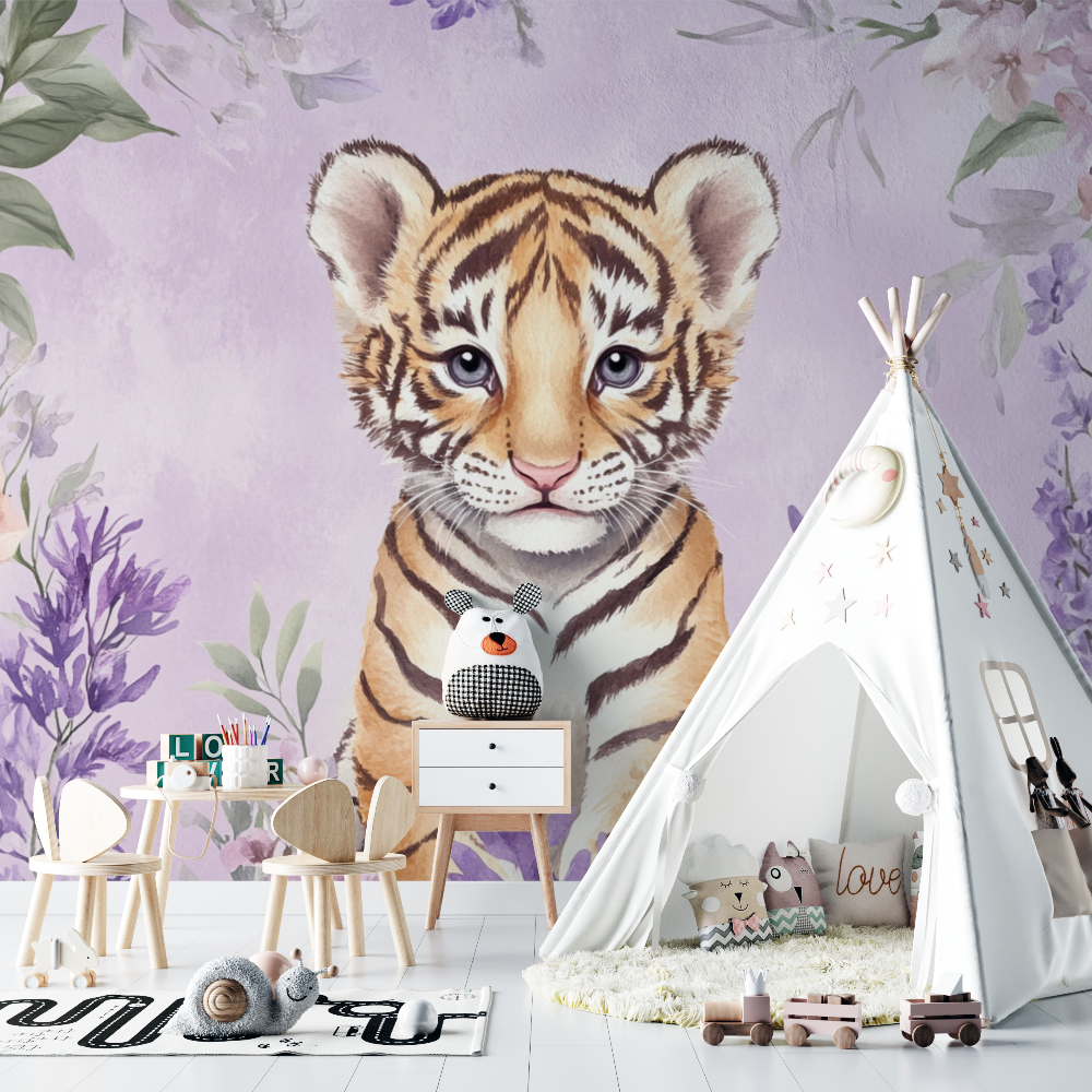 Papier peint tigre et fleurs delicates chambre bebe