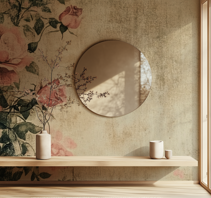 Papier peint vintage fleur rose miroir