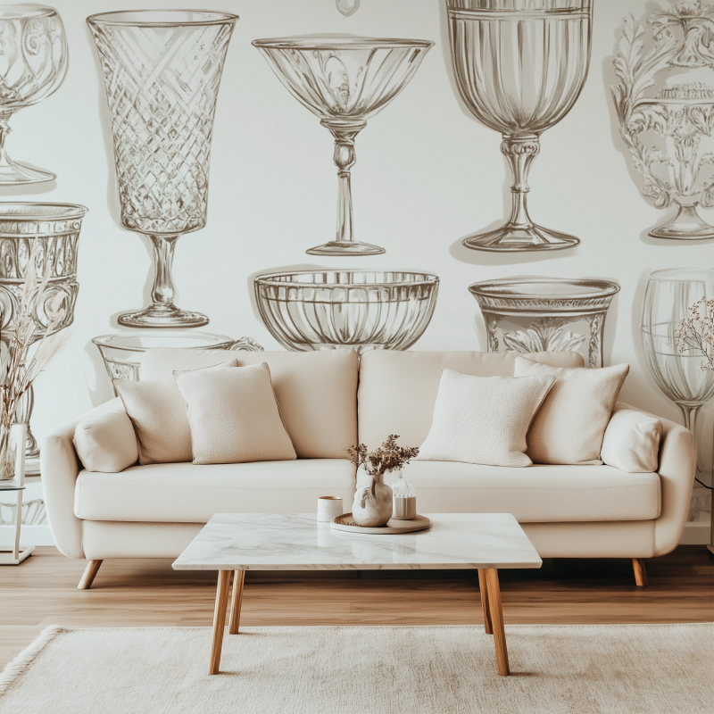 Papier peint vintage verre deau blanc canape simple