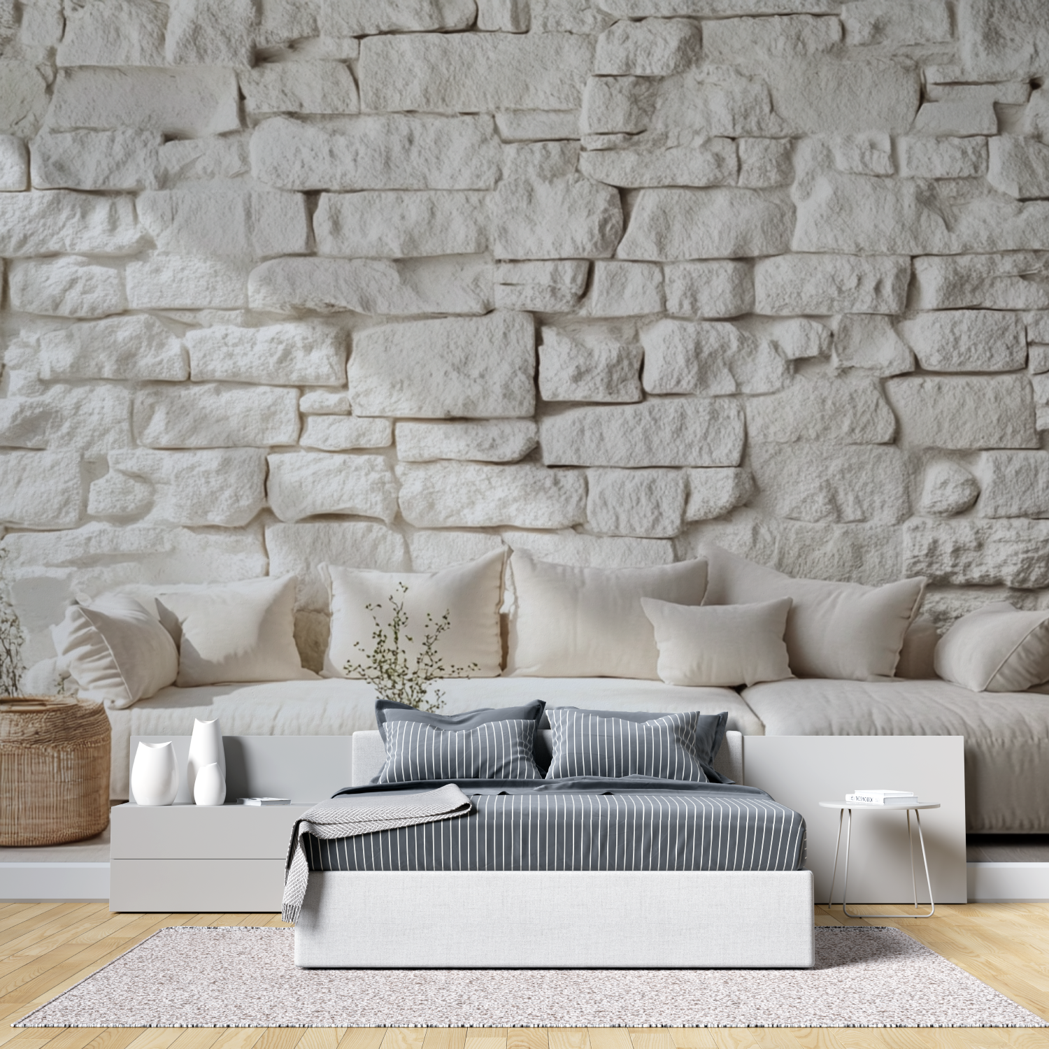 Papier peint trompe loeil brique blanche tete de lit