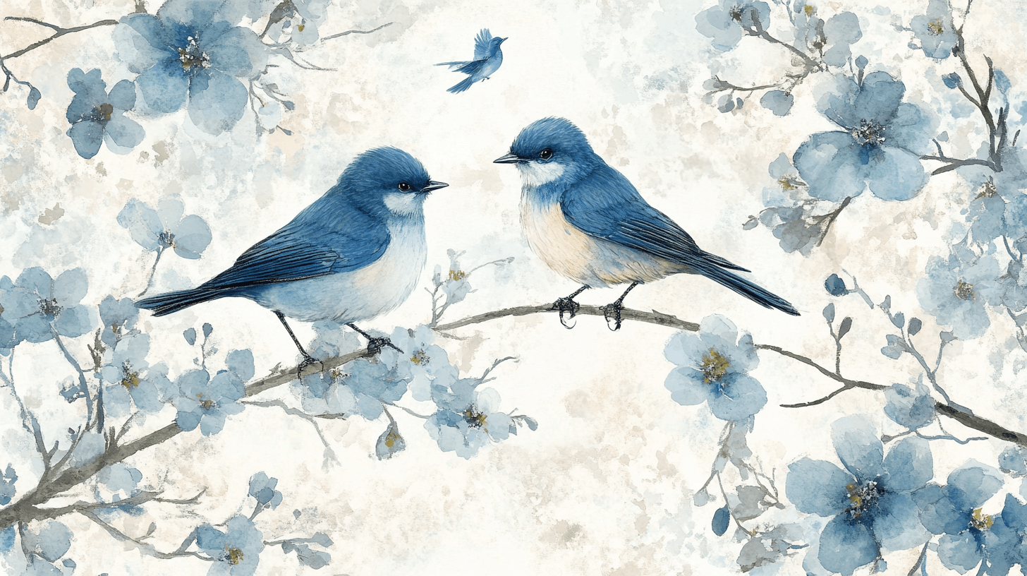Papier Peint Aquarelle Oiseaux Chanteurs Sur Branche Fleurie