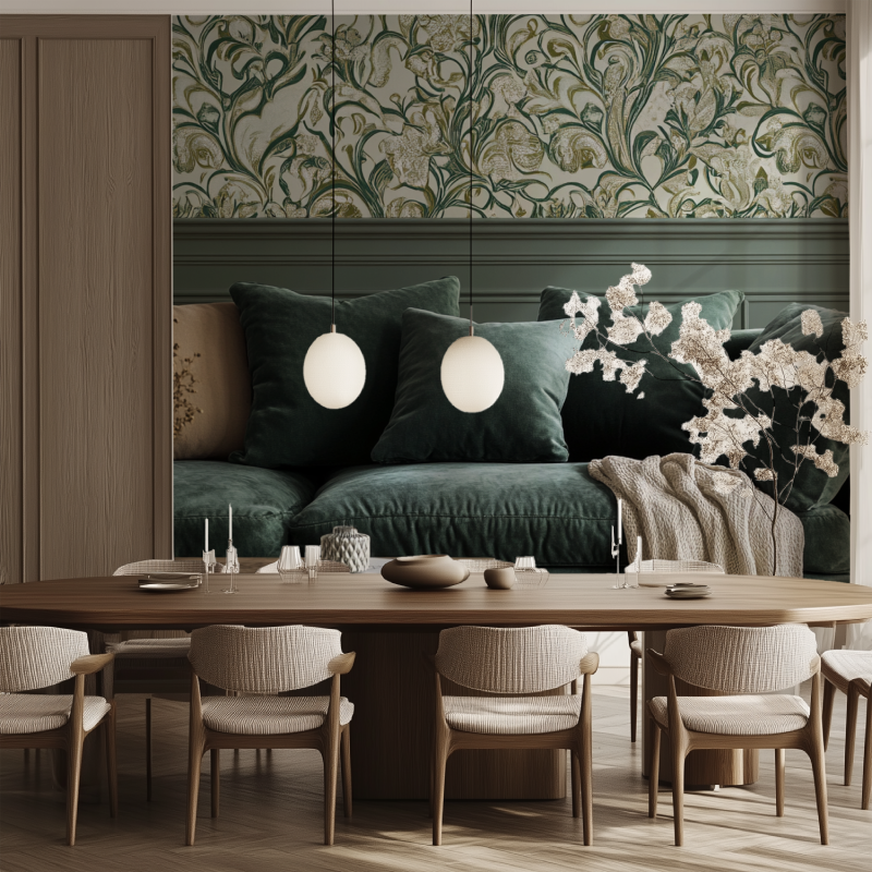 Papier peint vintage vert salle manger tendance