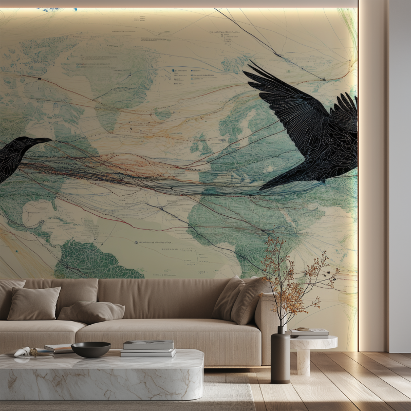 Papier peint carte du monde oiseaux canape neon