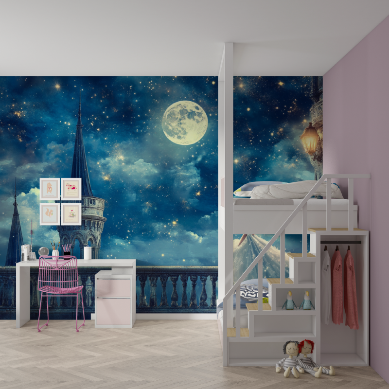 Papier peint trompe loeil princesse mur chambre fille