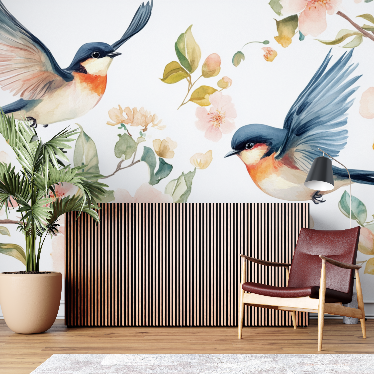 Papier peint fleur et oiseau chambre sur mesure