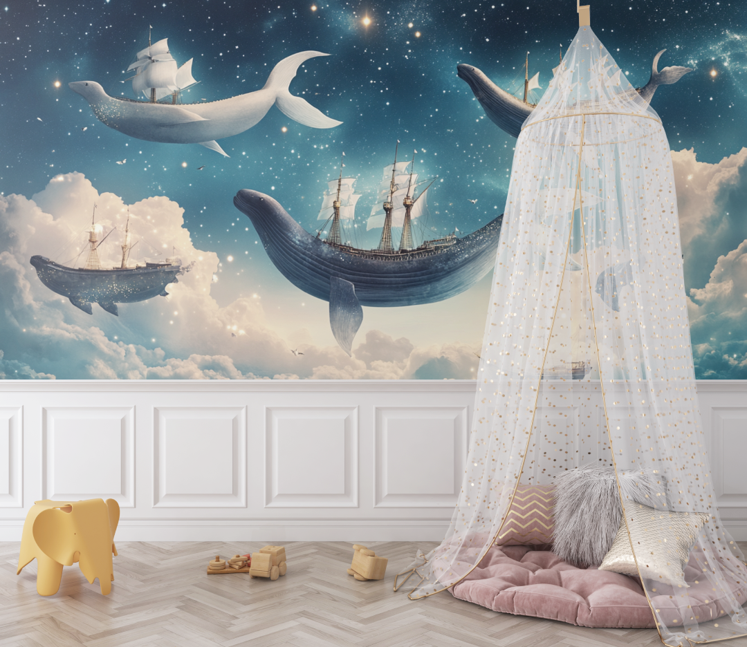Papier peint marin navires et baleines dans le ciel bebe