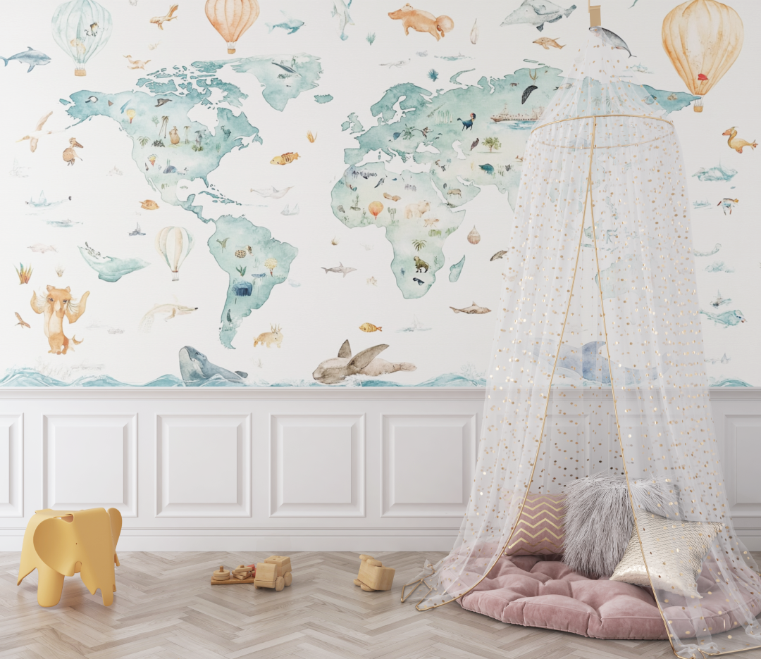 Papier peint carte du monde animaux bebe