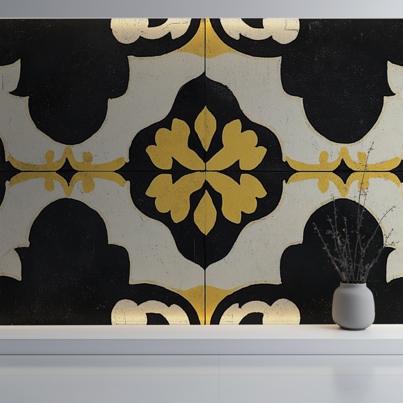 Papier peint vintage jaune moutarde et noir mur blanc