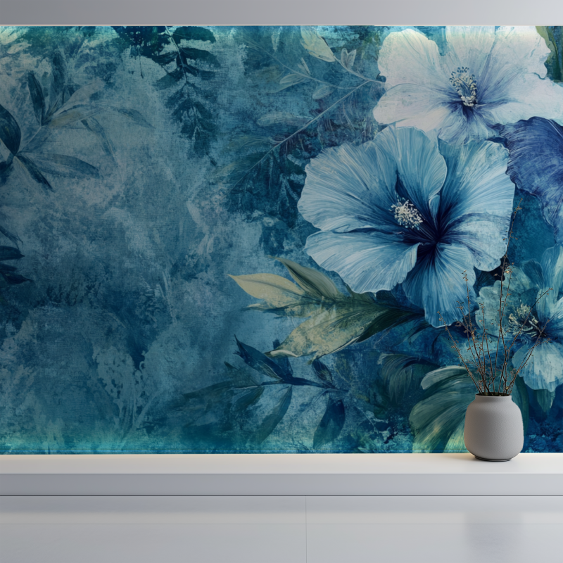Papier peint vintage fleurs bleue mur blanc