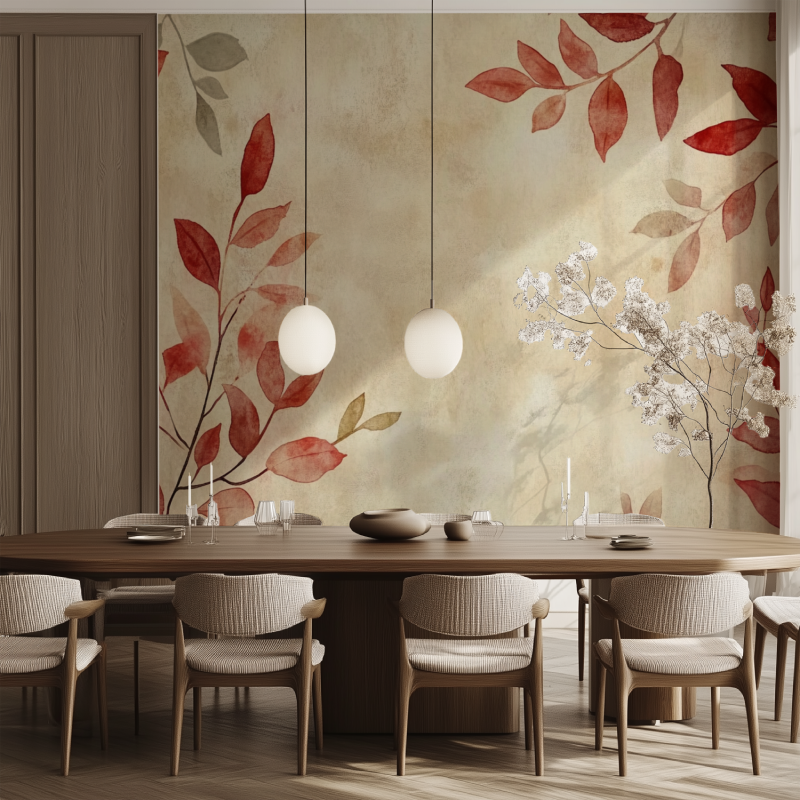 Papier peint vintage plante rouge salle manger tendance