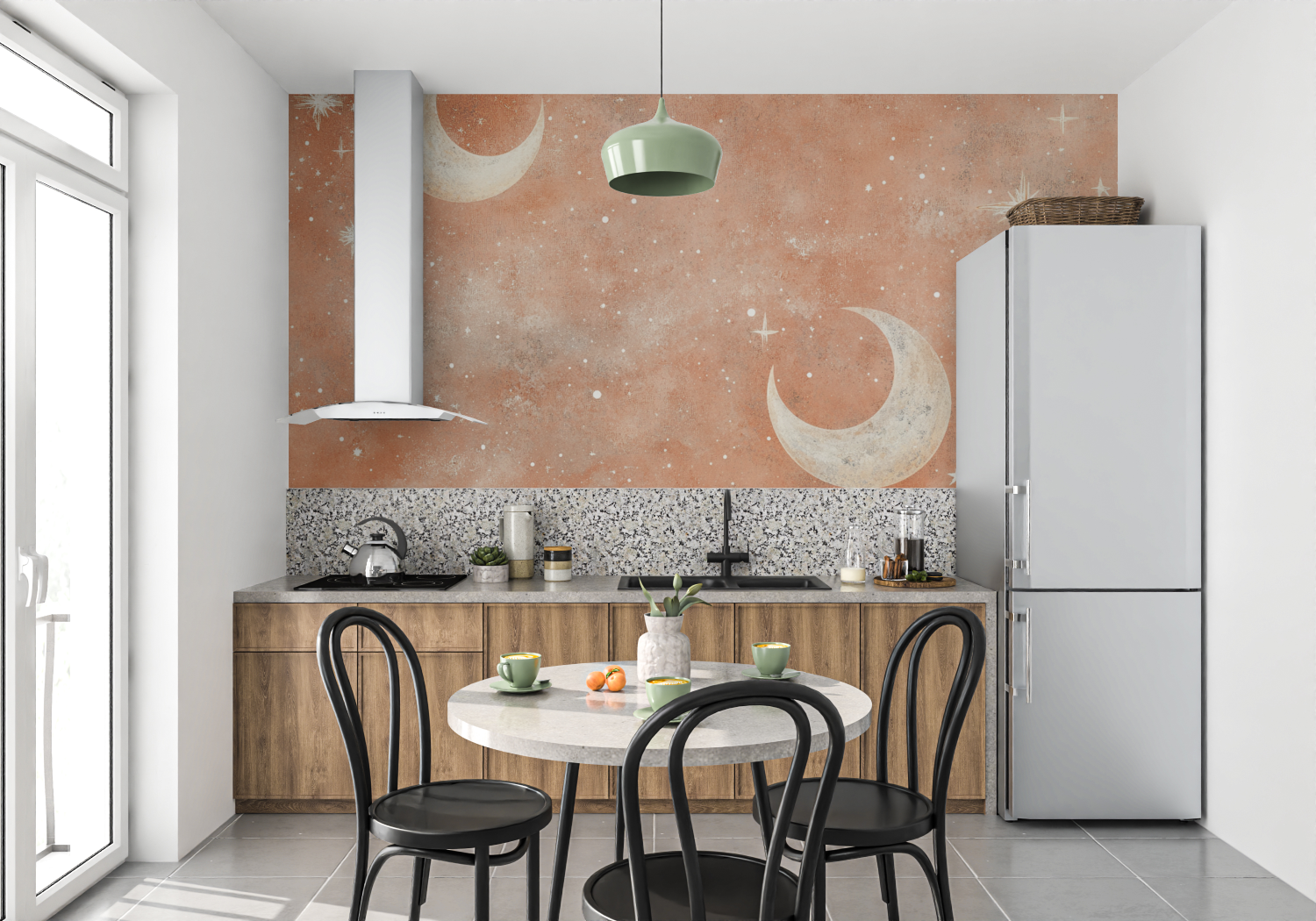 Papier peint terracotta motifs ...nes et etoiles mur cuisine