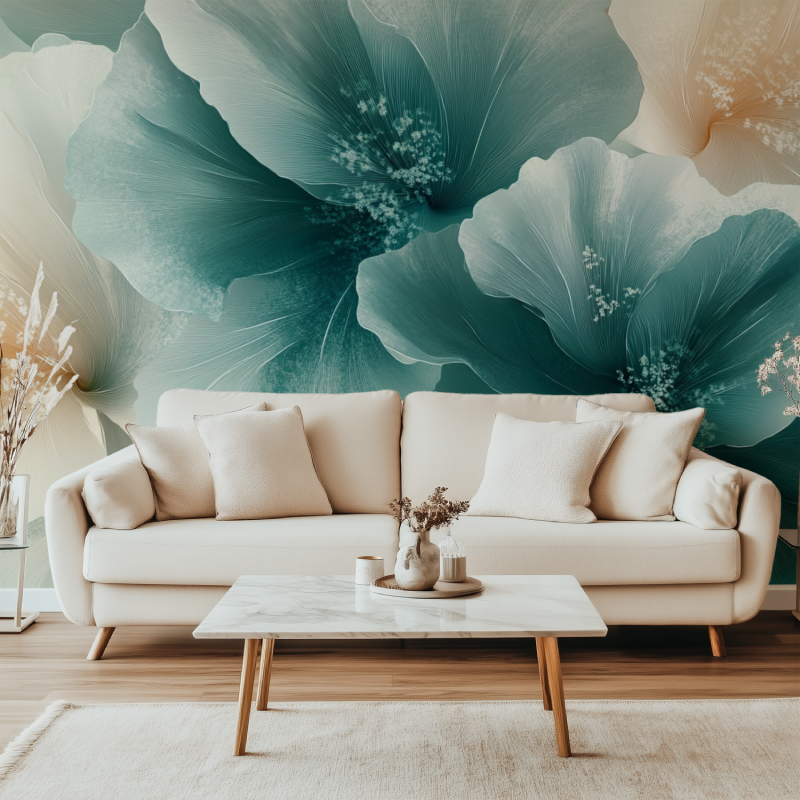 Papier peint fleur blanc grenat canape simple