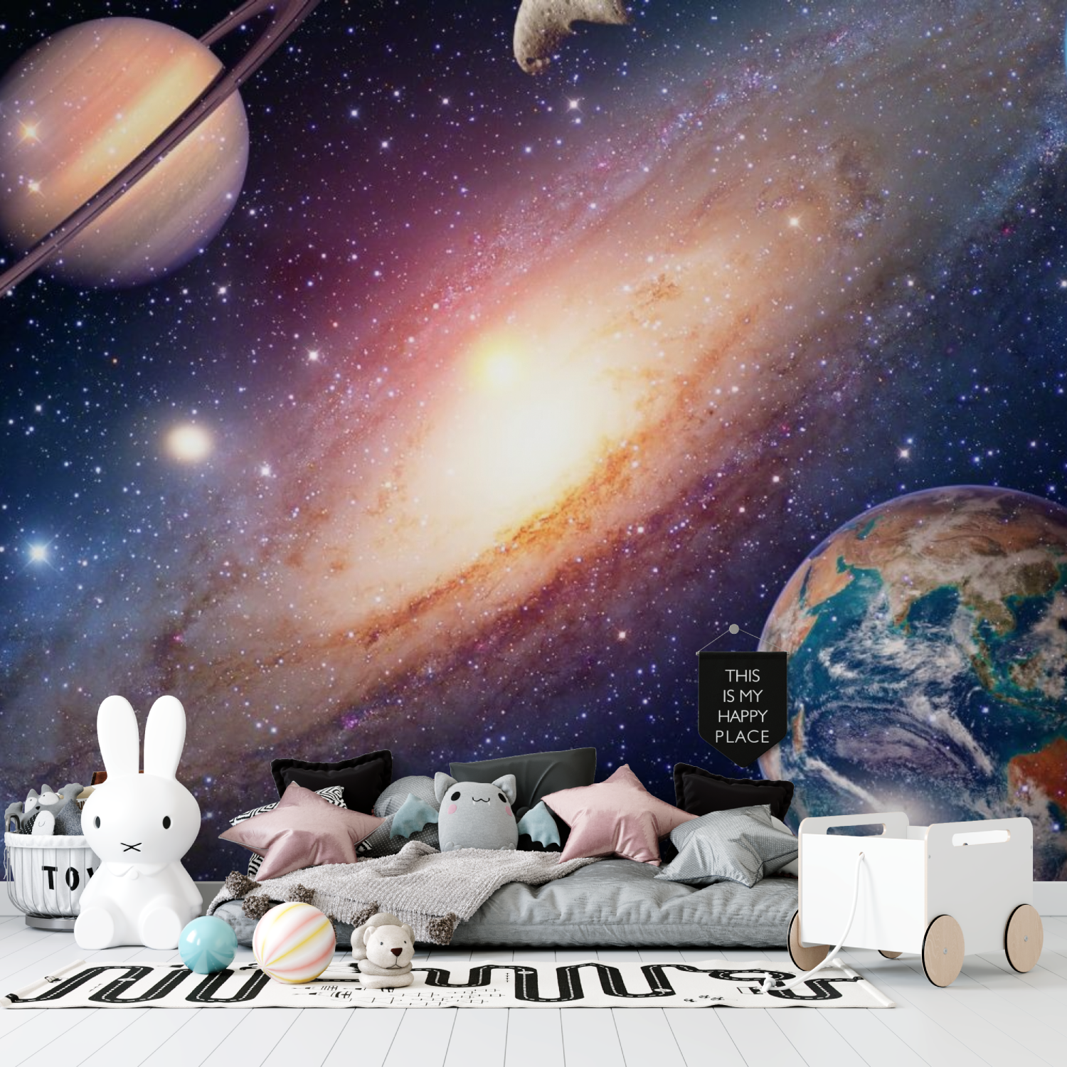 Weltraumhintergrund mit Nebel und Planeten