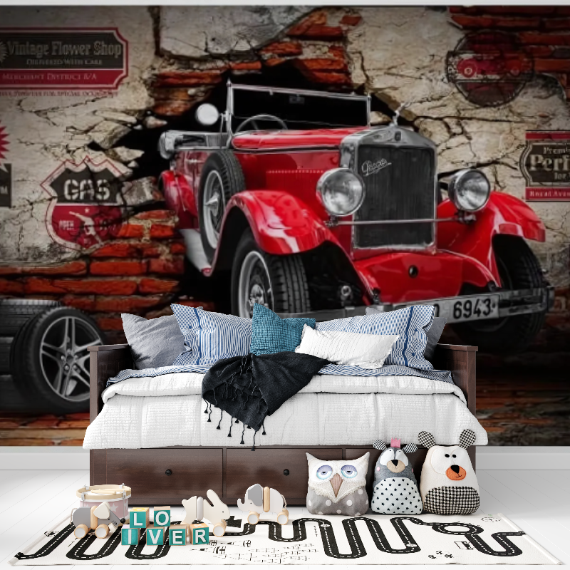 Vintage car trompe l'oeil wallpaper