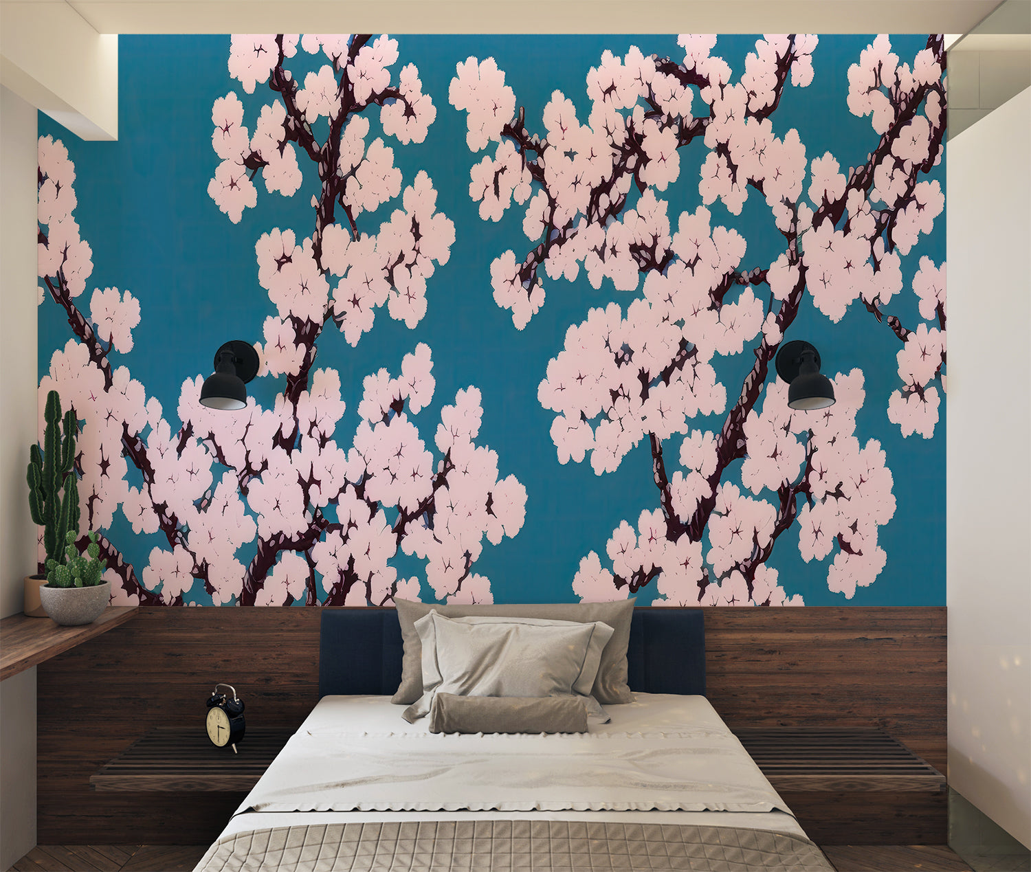 Papier Peint Cerisier Japonais Bleu
