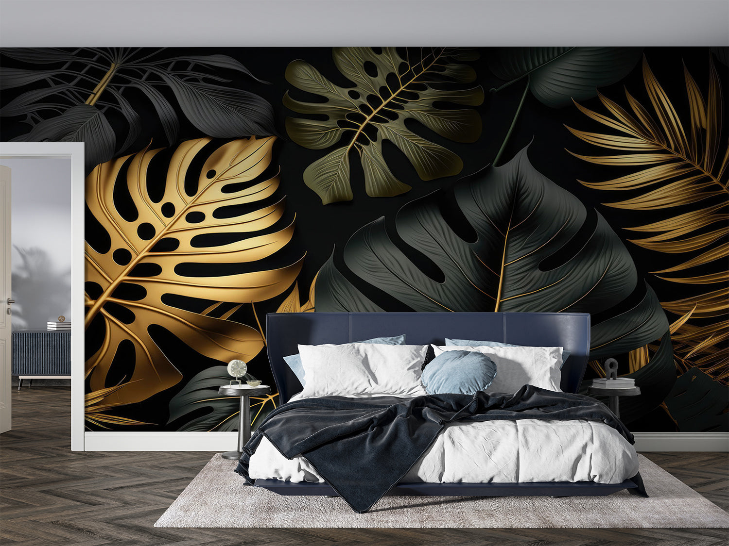 Papier Peint Feuillage Noir Et Or