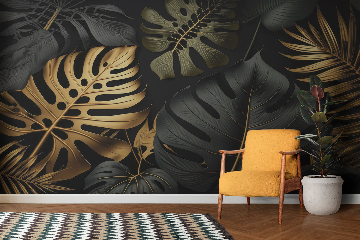 Papier Peint Feuillage Noir Et Or