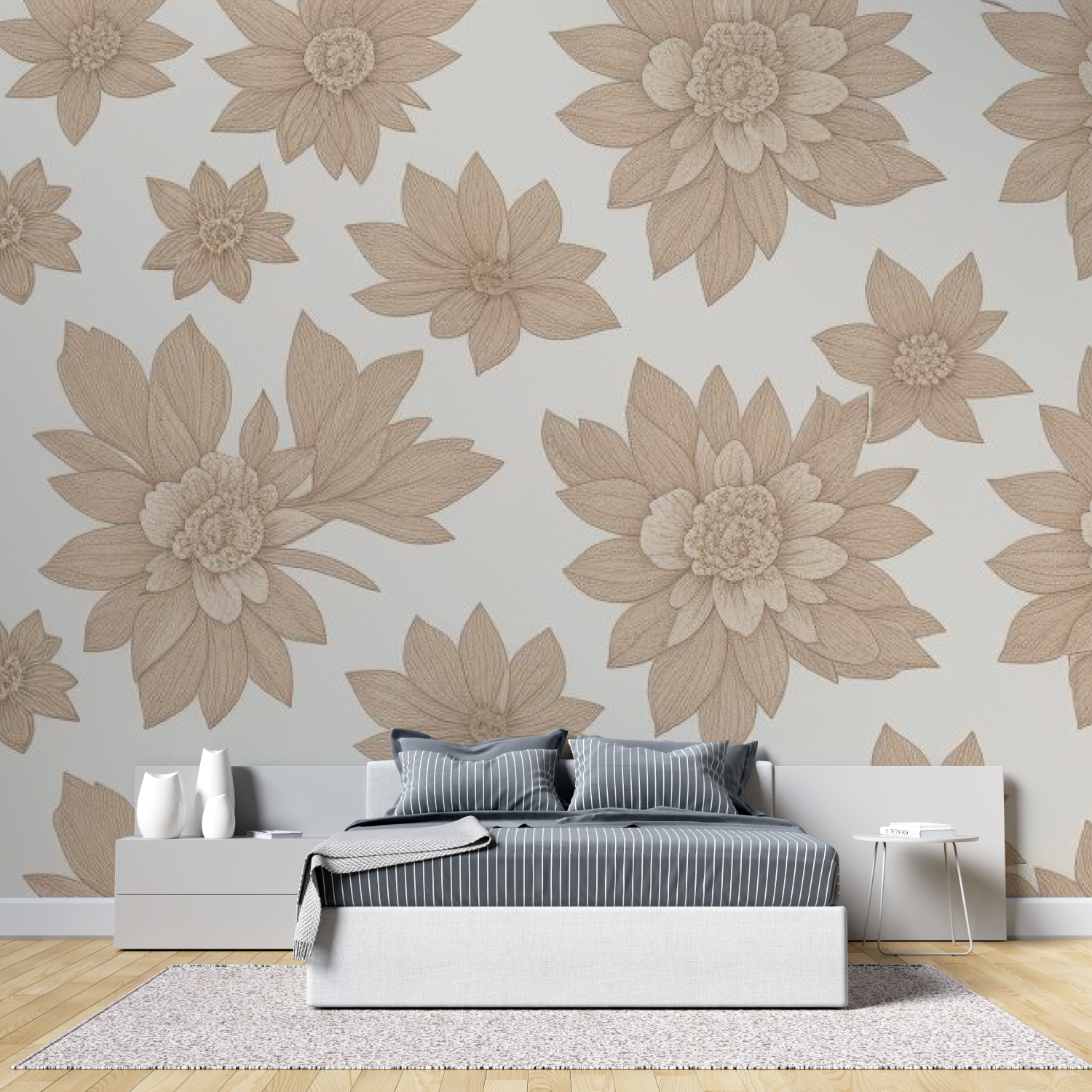 Papier peint cocooning floral taupe doux tete de lit