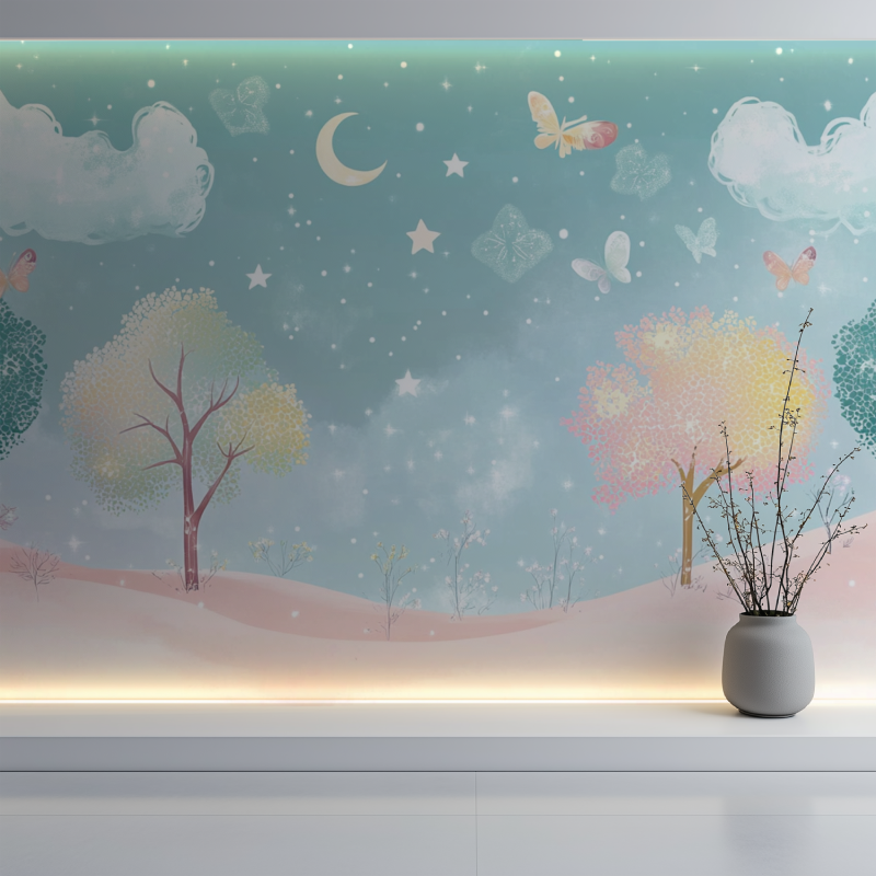 Papier peint arbre magique bebe mur blanc