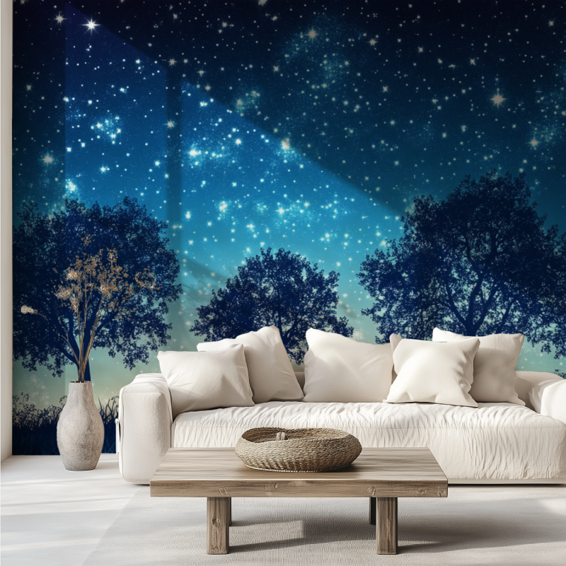 Papier peint arbre et etoile canape tendance