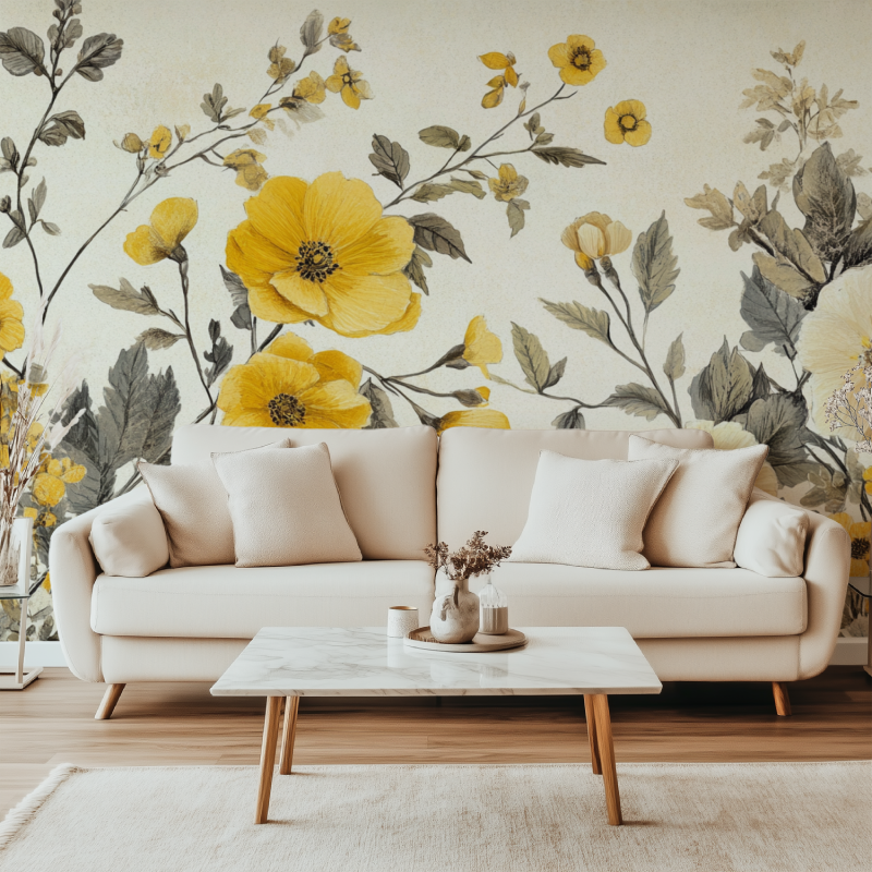 Papier peint vintage jaune fleur canape simple