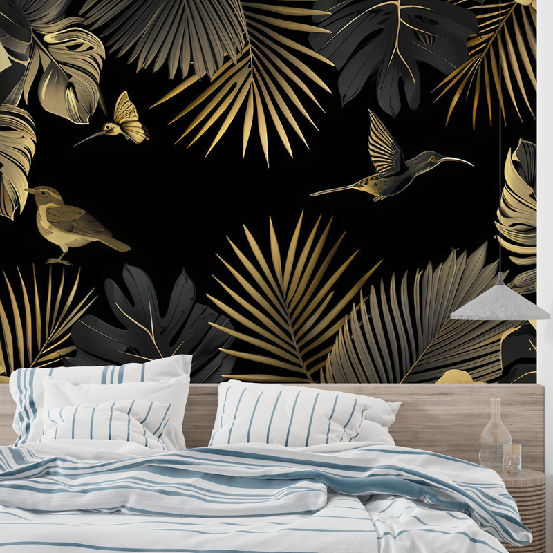 Papier Peint Tropical Noir Doré - mural