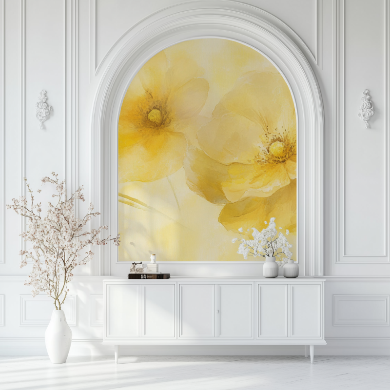 Papier peint vintage jaune fleurs salon blanc
