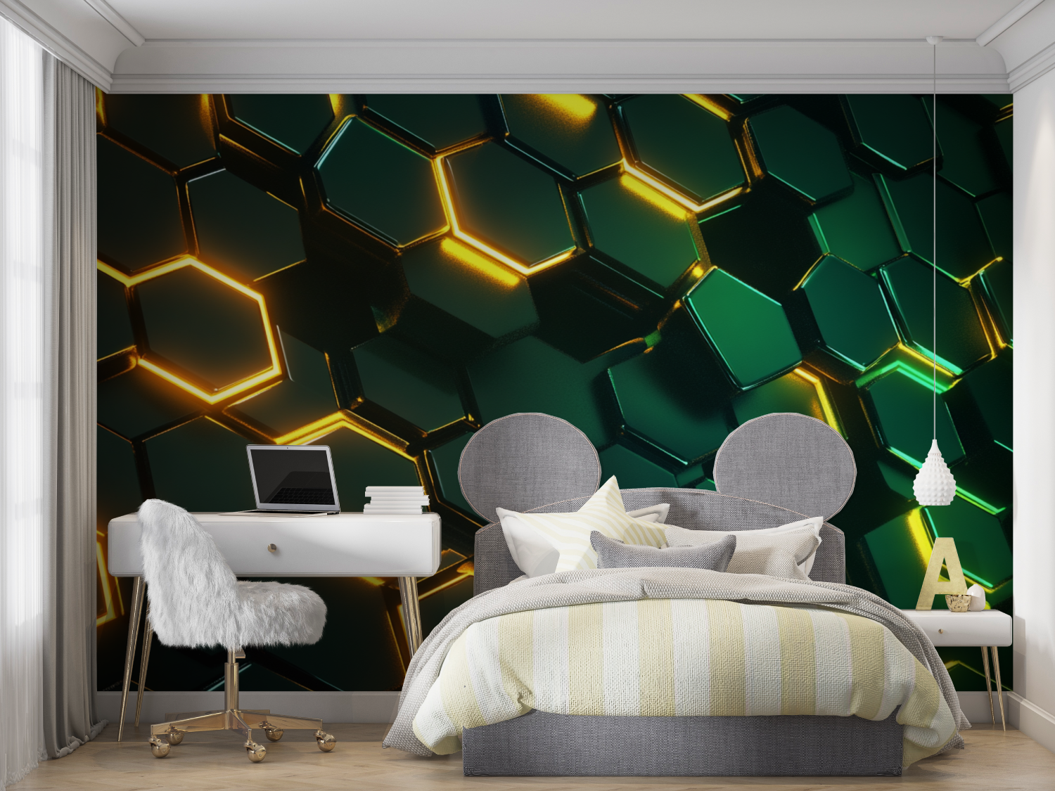 Papier peint hexagones neon vert mur chambre panoramique