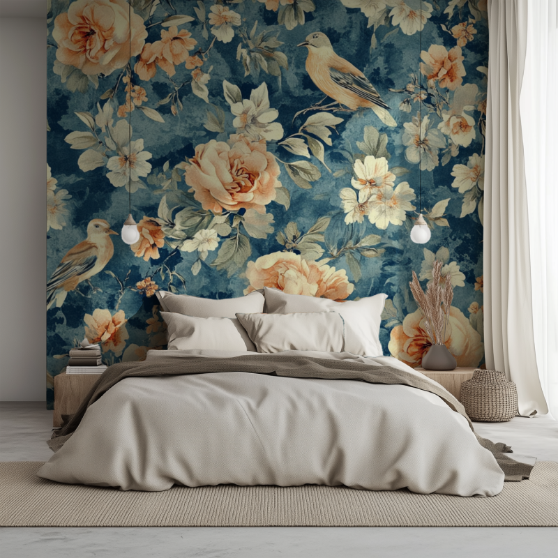 Papier peint vintage oiseaux et fleurs lit 1234