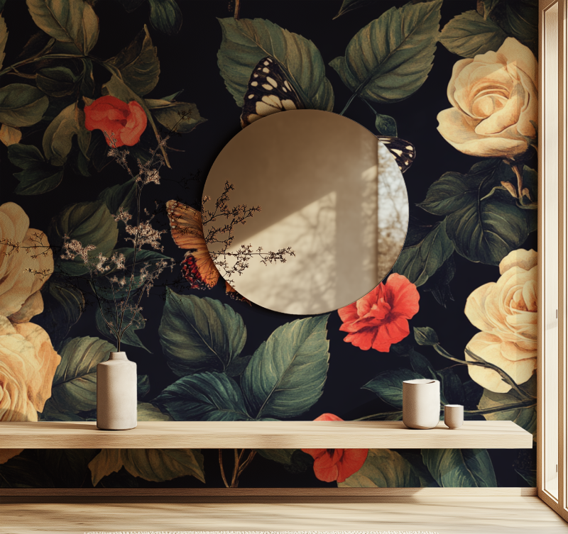 Papier peint fleur animaux miroir