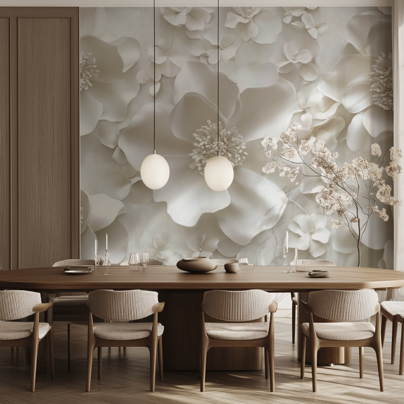 Papier peint fleur blanche 3d salle manger tendance