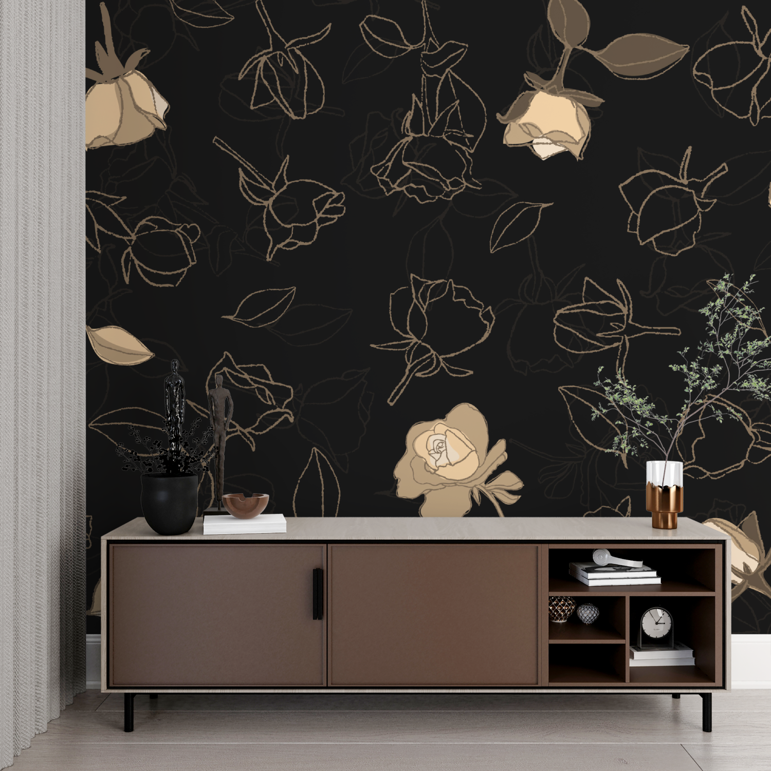 Papier Peint Noir Floral - contemporain