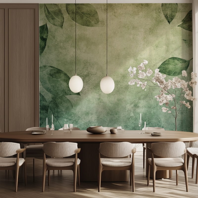 Papier peint vintage vert feuilles salle manger tendance