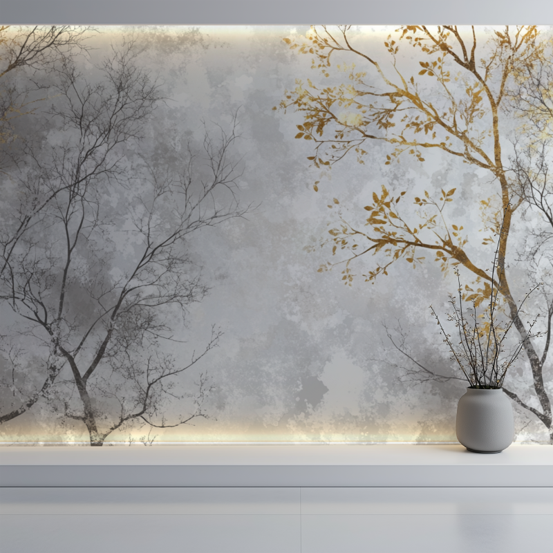 Papier peint arbre metallise mur blanc