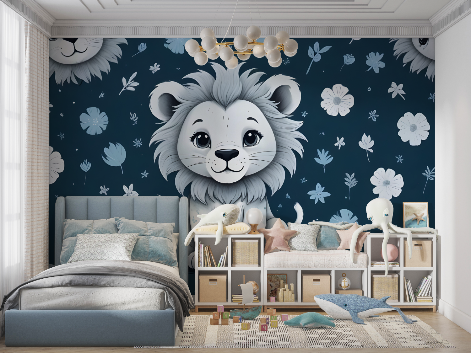 Papier Peint Enfant Lionceau Bleu - mur chambre panoramique