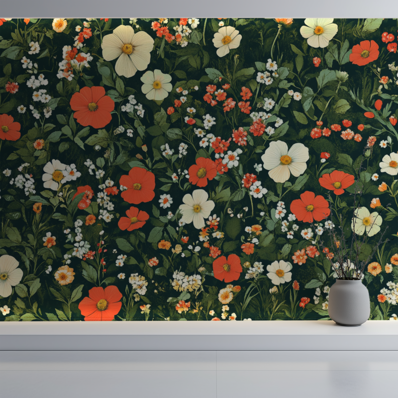 Papier peint fleur animaux vert mur blanc