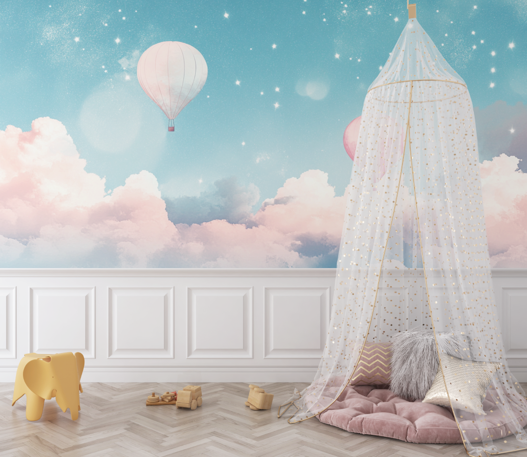 Papier peint montgolfiere et ciel de soiree etoilee bebe
