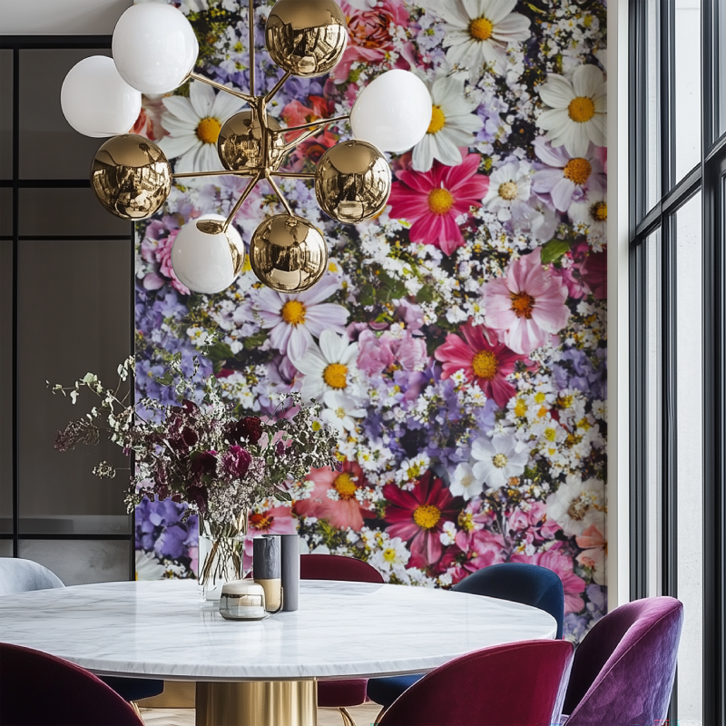 Papier peint fleur cosmos salon chaise